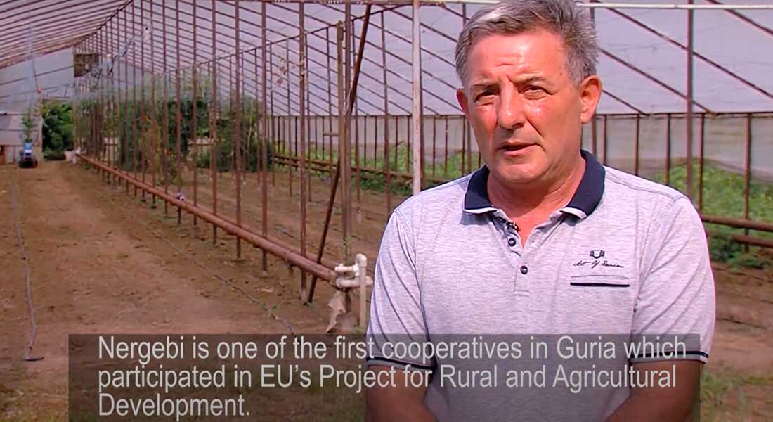 A man addresses the camera. He is standing in a large greenhouse, and empty rows of dirt are visible behind him.